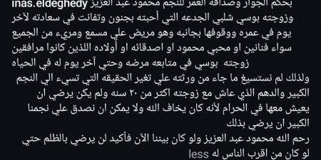إيناس الدغيدي تساند بوسي شلبي: محمود عبد العزيز لو كان بيننا لم يكن يرضى بالظلم - تكنو بلس