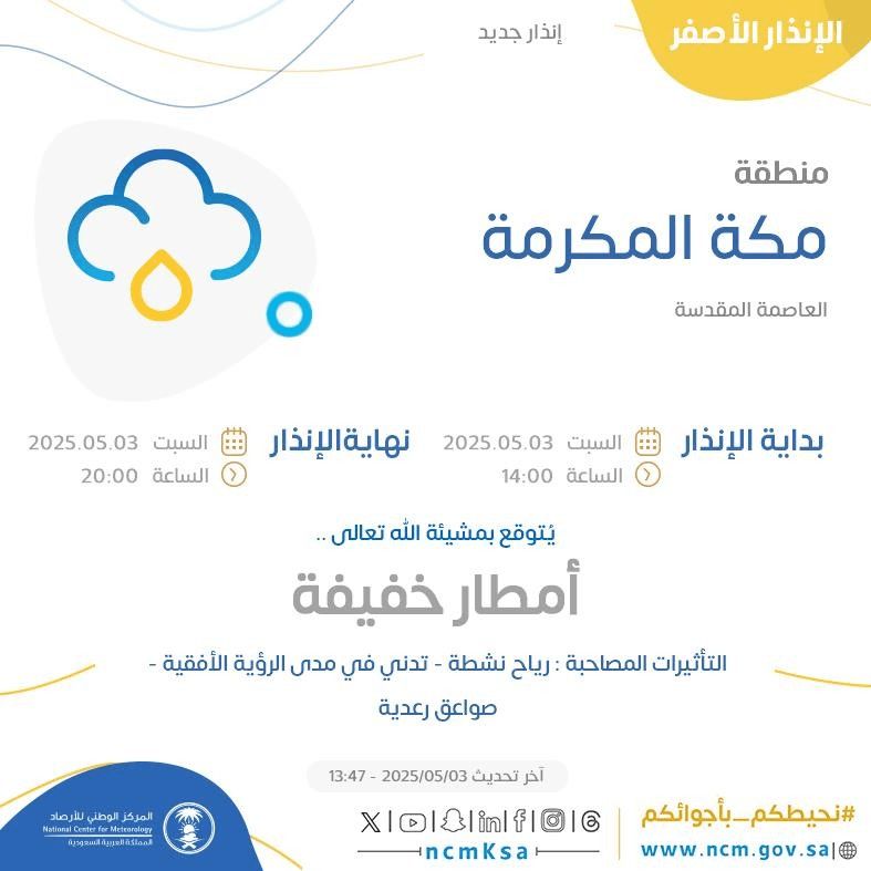 الإنذار الأصفر في منطقة مكة المكرمة في العاصمة المقدسة