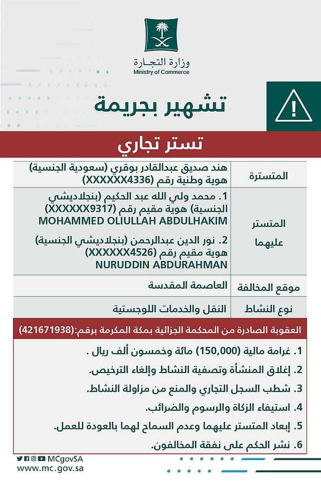 التجارة تشهر بمواطنة وأثنين من المقيمين