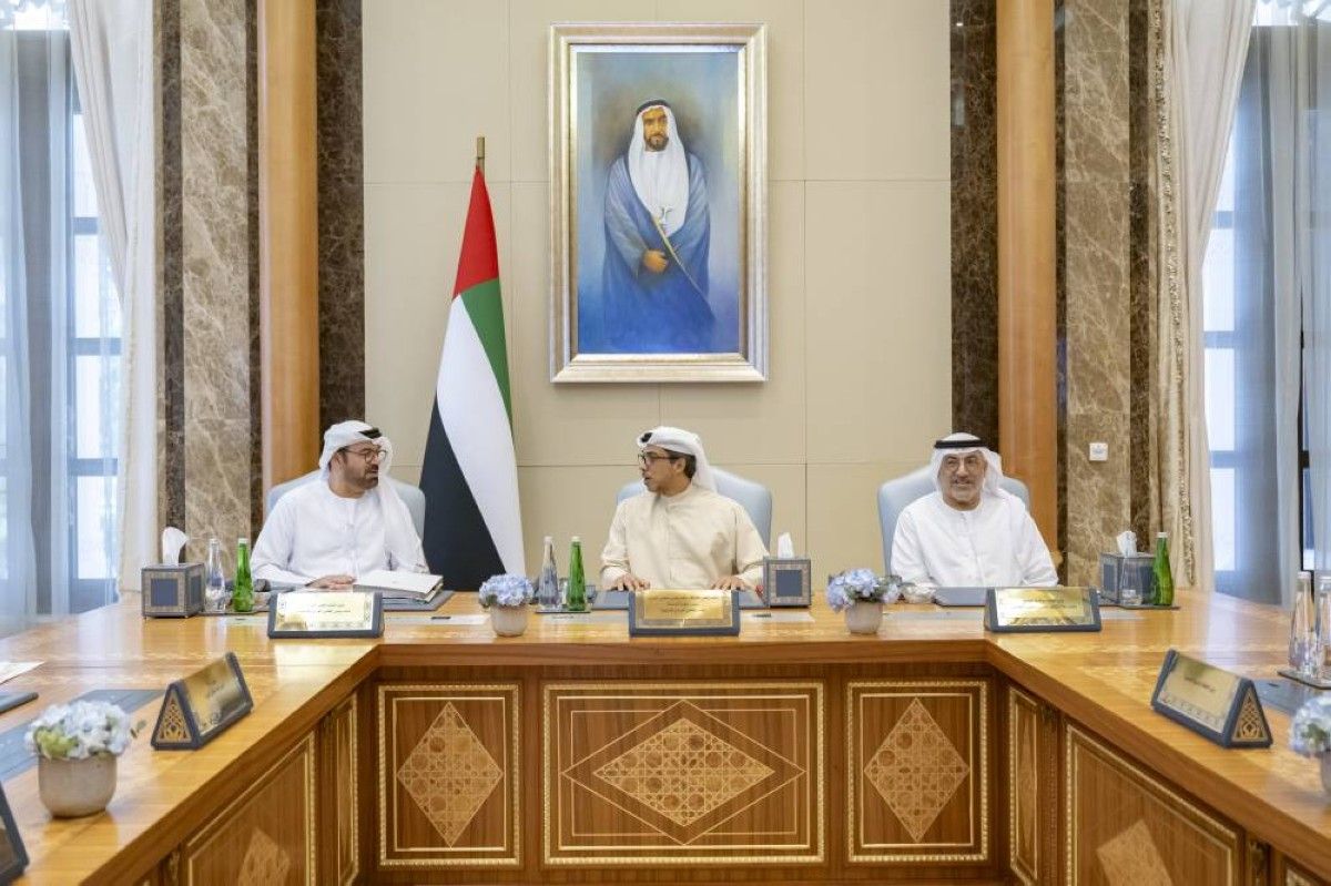 ABU DHABI, UNITED ARAB EMIRATES - May 06, 2025: HH Sheikh Mansour bin Zayed Al Nahyan, UAE Vice President and Deputy Prime Minister (C), chairs a Ministerial Development Council meeting, at Qasr Al Watan. Seen with HE Mohamed bin Abdulla Al Gergawi, UAE Minister of Cabinet Affairs (L) and HE Abdulrahman bin Mohamed Al Owais, UAE Minister of Health and Prevention Minister of State for Federal National Council Affairs (R). ( Hassan Bargash Al Menhali / UAE Presidential Court ) ---