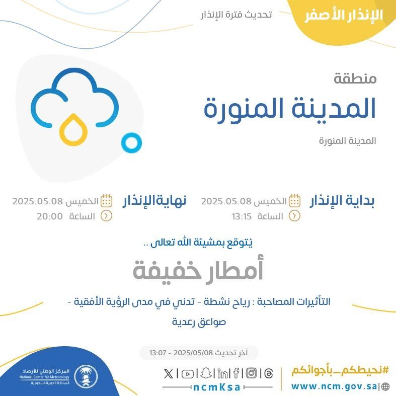 حالة الطقس اليوم في المدينة المنورة الإنذار الأصفر في المدينة المنورة