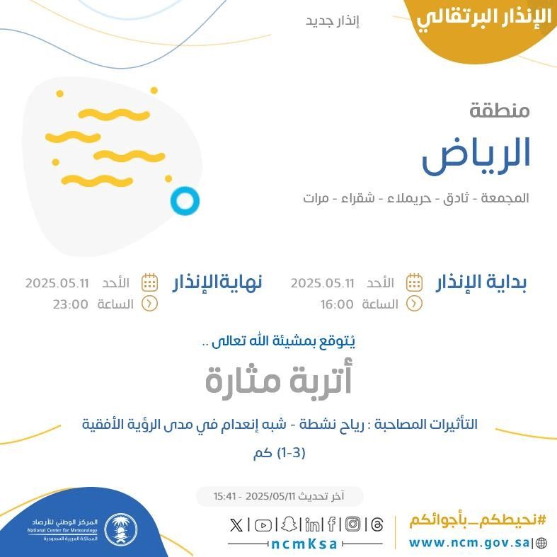 حالة الطقس اليوم في الرياض الإنذار البرتقالي في المجمعة وثادق وحريملاء وشقراء ومرات